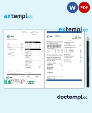 sample USA Texas AT&T telecommunications utility bill template in Word and PDF format (2 pages) download