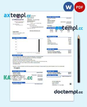 sample USA Texas City of Corsicana utility bill template in Word and PDF format download