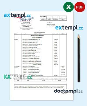 sample USA University of Southern Indiana account billing statement template in Excel and PDF (.xls and .pdf file) format download