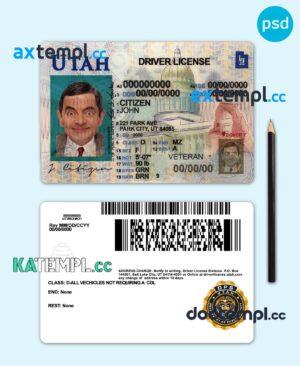 sample USA Utah driving license template in PSD format download