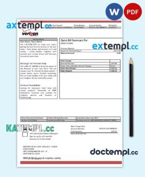 sample USA Verizon utility bill template in Word and PDF format, fully editable download