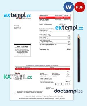 sample USA Verizon utility bill Word and PDF template, version 3 download