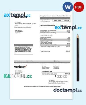 sample USA Verizon utility bill template in Word and PDF format, fully editable, version 2 download