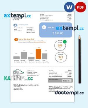 sample USA Vermont Green Mountain Power electricity utility bill in Word and PDF format download