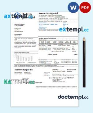 sample USA Washington Seattle City Light utility bill template in Word and PDF format download