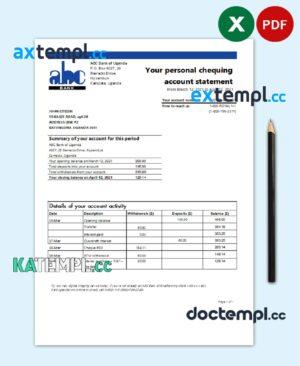 sample Uganda ABC Bank of Uganda bank statement template in Excel and PDF format download