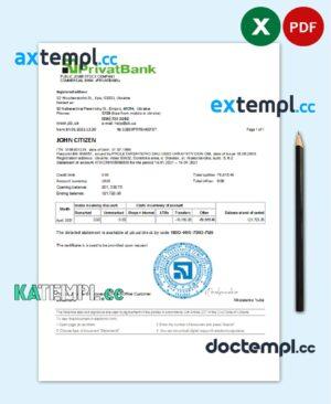 sample Ukraine Privatbank statement template in Excel and PDF format download