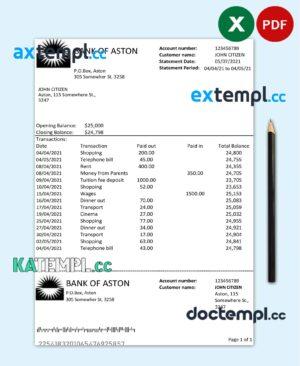 sample United Kingdom Bank of Aston bank statement easy to fill template in Excel and PDF format download