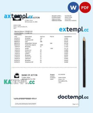 sample United Kingdom Bank of Aston bank statement template in Word and PDF format, good for address prove download