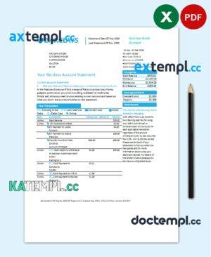 sample United Kingdom Barclays bank account statement template in Excel and PDF format, version 1 download