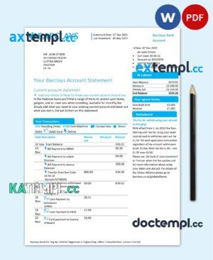 sample United Kingdom Barclays bank account statement template in Word and PDF format, version 1 download