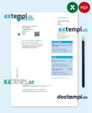 sample United Kingdom Barclays bank statement template in .xls and .pdf format, version 2 download