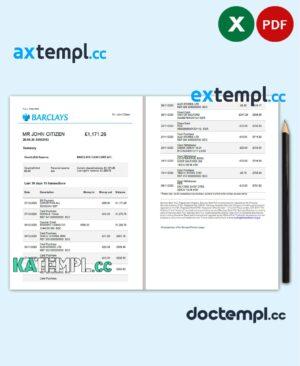 sample United Kingdom Barclays bank statement template in Excel and PDF format, version 3 (2 pages) download