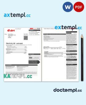 sample United Kingdom E.ON electricity utility bill template in Word and PDF format, 2 pages, version 1 download