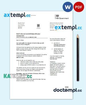 sample United Kingdom HM Government Warm Home Energy utility bill template in Word and PDF format download