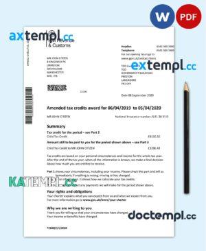 sample United Kingdom HM Revenue & Customs tax credits award statement template in Word and PDF format (.doc and .pdf) download