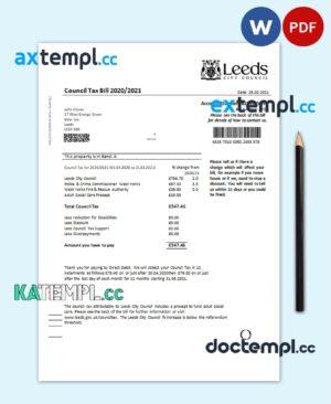 sample United Kingdom Leeds City Council tax bill template in Word and PDF format download