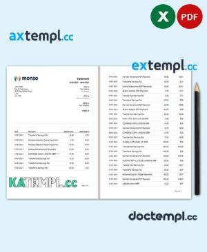 sample United Kingdom Monzo bank statement template in Excel and PDF format (3 pages) download