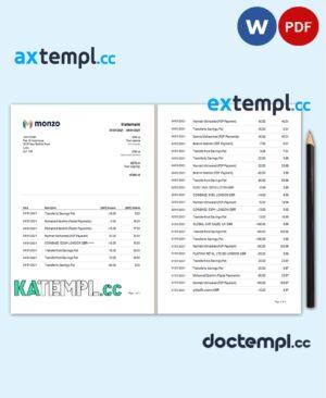 sample United Kingdom Monzo bank statement template in Word and PDF format (3 pages), good for address prove download