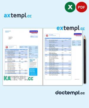 sample United Kingdom Nationwide bank statement template in .xls and .pdf format (5 pages) download