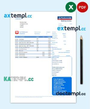 sample United Kingdom Nationwide bank statement template in Excel and PDF file format download