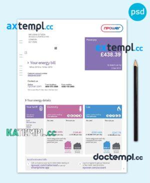 sample United Kingdom Npower utility bill template, fully editable in PSD format download