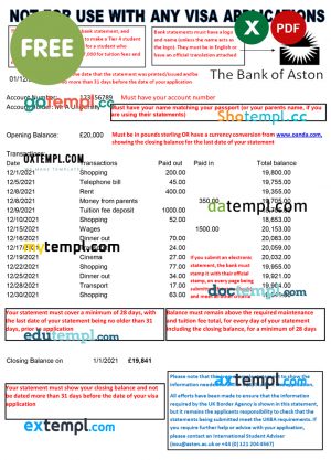 free download United Kingdom The Bank of Aston bank statement 3 - 6 months example in Excel and PDF format