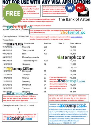 free download United Kingdom The Bank of Aston bank statement 3 - 6 months example in Word format