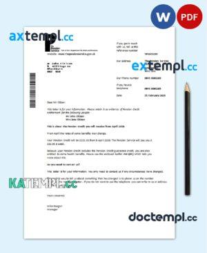 sample United Kingdom The Pension Service bank proof of address statement template in Word and PDF format download