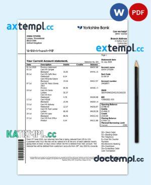 sample United Kingdom Yorkshire Bank statement template in Word and PDF format, good for address prove download