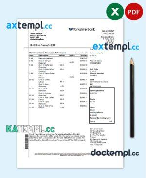 sample United Kingdom Yorkshire bank statement easy to fill template in Excel and PDF format download