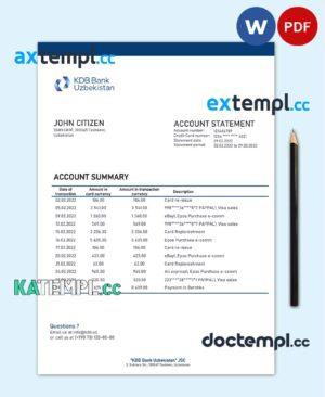 sample Uzbekistan KDB Bank statement template in Word and PDF format download