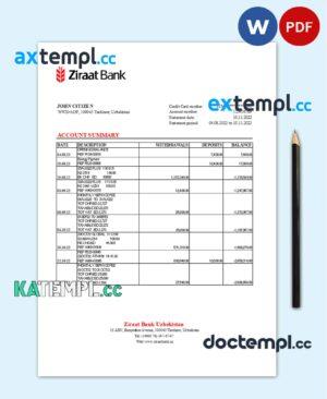 sample Uzbekistan Ziraat Bank statement template in Word and PDF format download