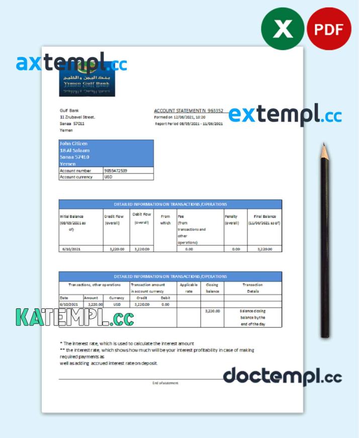 sample Yemen Gulf Bank statement template in Excel and PDF format download