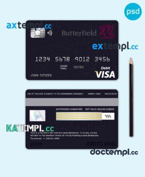 sample Barbados Butterfield bank visa card debit card template in PSD format, fully editable download