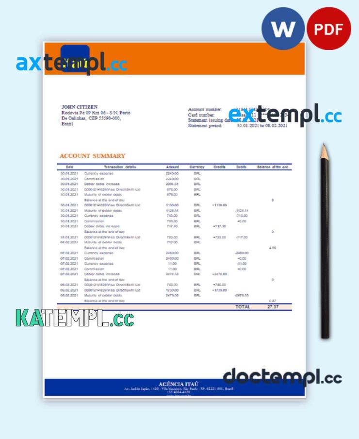 sample Brazil Itau bank statement template in Word and PDF format, fully editable download