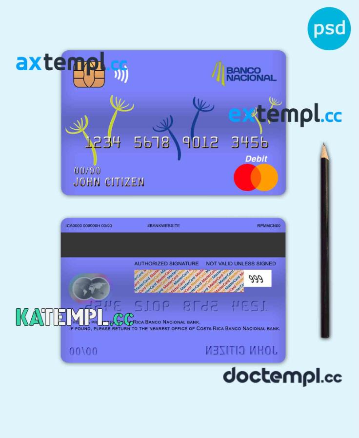 sample Costa Rica Banco Nacional de Costa Rica mastercard debit card template in PSD format, fully editable download