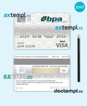 sample Cuba Banco Popular de Ahorro (BPA) bank visa card debit card template in PSD format, fully editable download