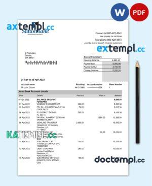sample USA Sutton bank statement Word and PDF template, 2 pages download