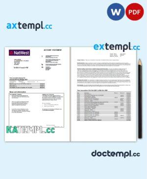 sample United Kingdom NatWest bank account statement template in Word and PDF format, 2 pages download