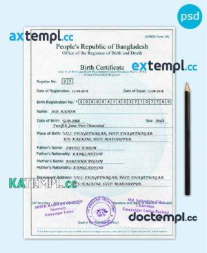 sample Bangladesh Birth certificate template in PSD format, fully editable download