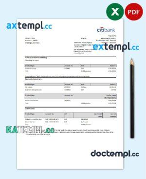 sample Germany Citibank bank account statement template in Excel and PDF format download