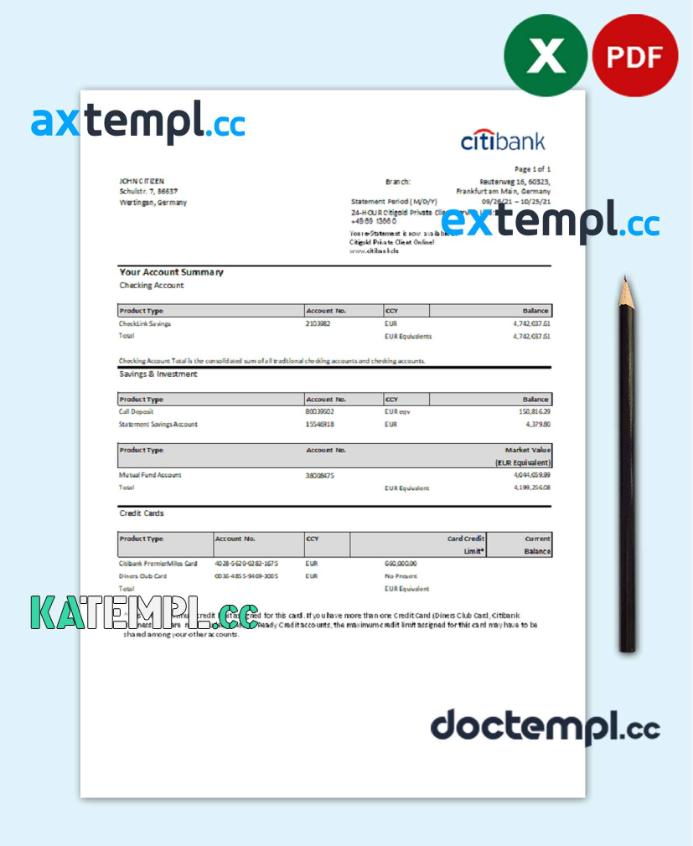 sample Germany Citibank bank account statement template in Excel and PDF format download