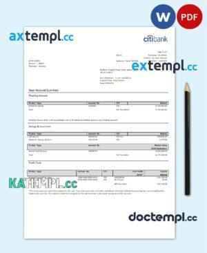 sample Germany Citibank bank account statement template in Word and PDF format download