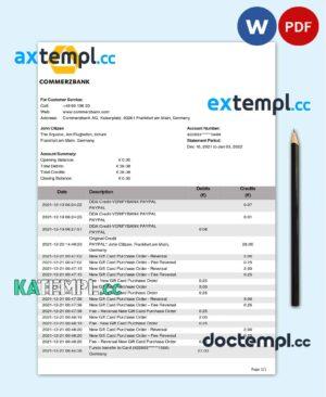 sample Germany Commerzbank bank statement template in Word and PDF format download