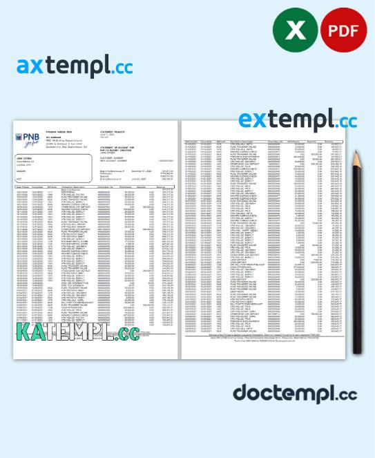 sample Philippines PNB bank statement template in Excel and PDF format (4 pages) download