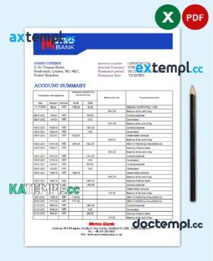 sample United Kingdom Metro bank statement template in Excel and PDF format download