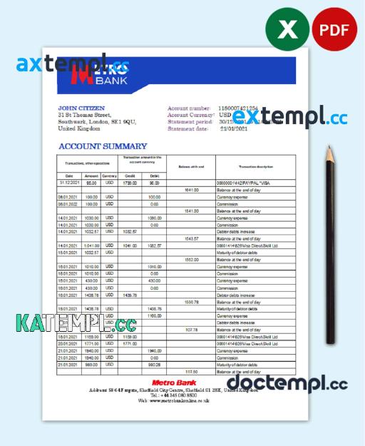 sample United Kingdom Metro bank statement template in Excel and PDF format download