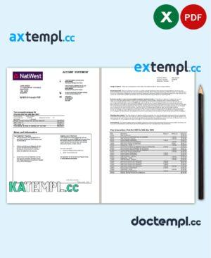 sample United Kingdom NatWest bank account statement template in Excel and PDF format, 2 pages download