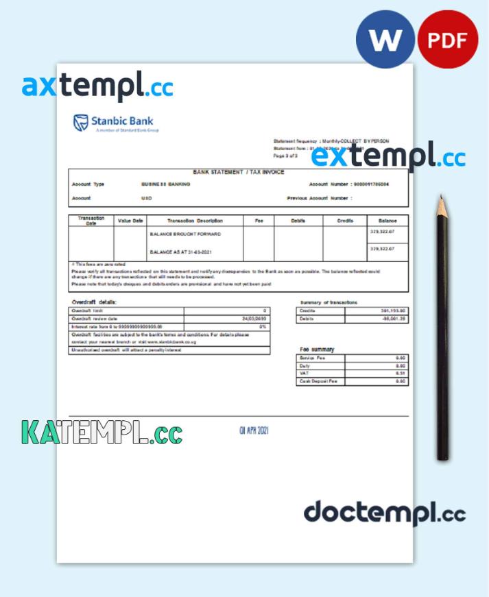sample Uganda Stanbic bank statement template in Word and PDF format (3 pages) download - Image 2